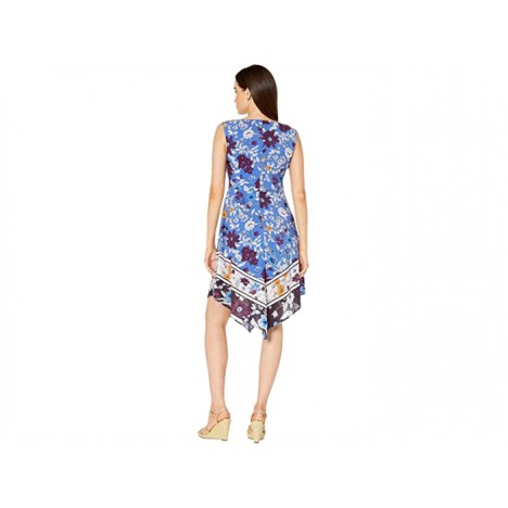 Adrianna Papell Botanical Border Printed Fit and Flare Dress with Handkerchief Hem