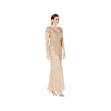 Adrianna Papell Short Sleeve Crunchy Bead Gown with Side Slit