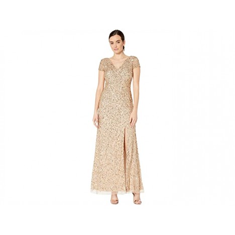 Adrianna Papell Short Sleeve Crunchy Bead Gown with Side Slit