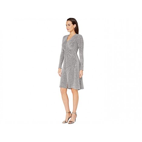 Donna Morgan Textured Metallic Stretch Knit Long Sleeve Ruched Side Midi Dress
