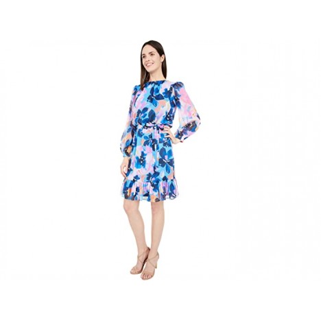 London Times Floral Clouds Long Sleeve Ruffle Dress