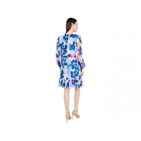 London Times Floral Clouds Long Sleeve Ruffle Dress