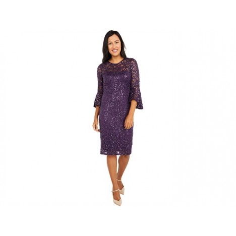 MARINA Sequined Lace Bell Sleeve Short Dress