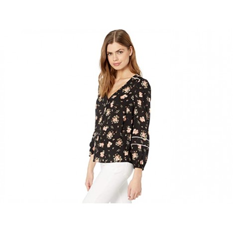 1.STATE Long Sleeve Contrast Piped Festival Roses Blouse