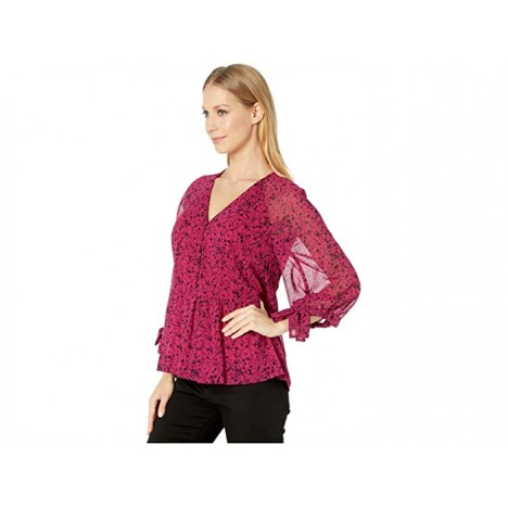 kensie Floral Vines Button Front 3 4 Sleeve Blouse with Tie Detail at Sleeve KSDK4837