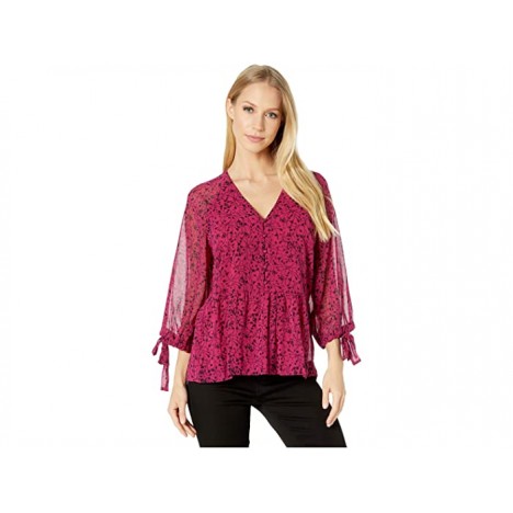 kensie Floral Vines Button Front 3 4 Sleeve Blouse with Tie Detail at Sleeve KSDK4837